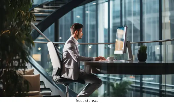 Businessman working on computer in modern office