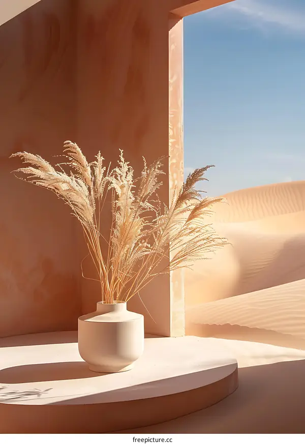 White Vase with Dried Grass in a Desert Setting