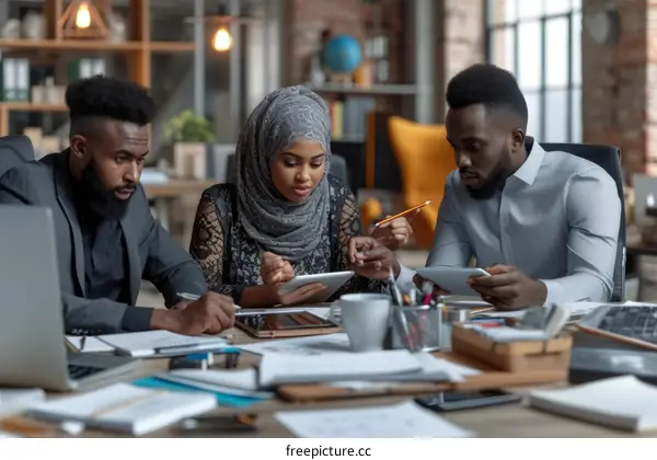 Three people in a meeting discussing ideas