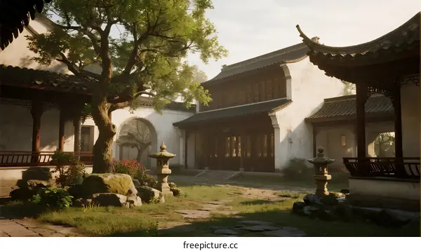 Ancient Chinese Garden Courtyard with Traditional Architecture and Greenery