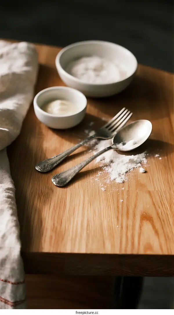 Wooden table with utensils and flour for cooking preparation