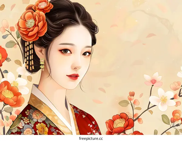 A beautiful illustration of a Korean woman in traditional dress