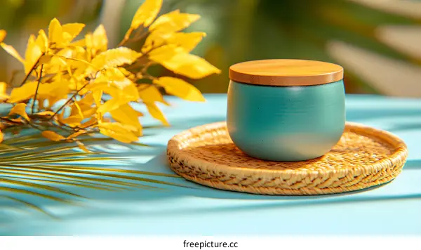 Blue Ceramic Jar with Wooden Lid on a Wicker Coaster
