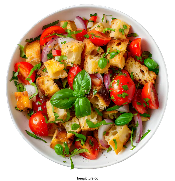 [Transparent Background PNG]Top view of traditional italian bruschetta salad with tomatoes, basil and bread