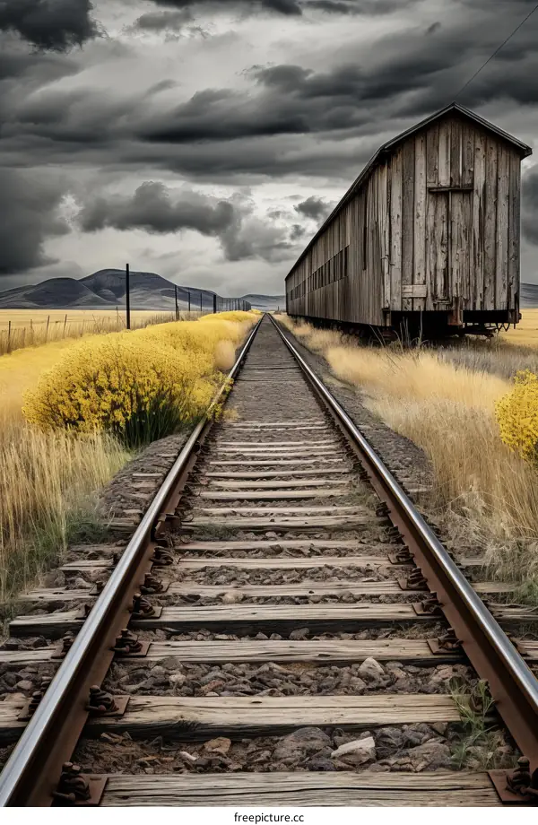 Vintage Caboose on Railroad Tracks in Rural Landscape