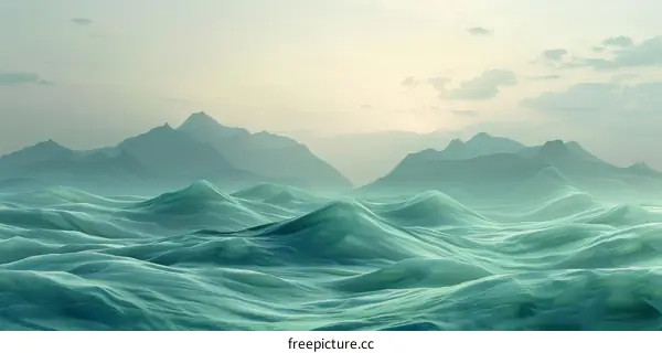 Serene Green Ocean Waves with Distant Mountains