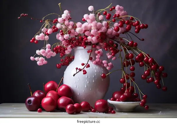 Still life with viburnum and apples on a marble table