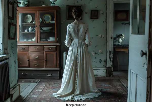 A woman wearing a white dress is standing in a room with a retro background