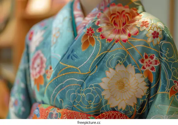 Closeup of Traditional Japanese Kimono with Floral Pattern