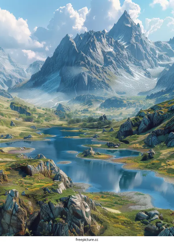 Majestic Mountain Lake and Lush Green Fields