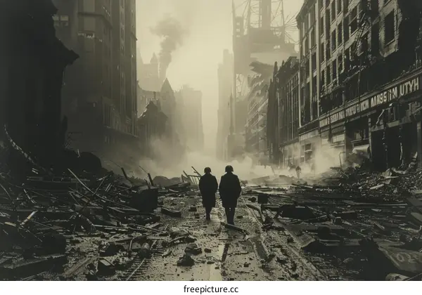 Two soldiers walking through a destroyed city during World War II