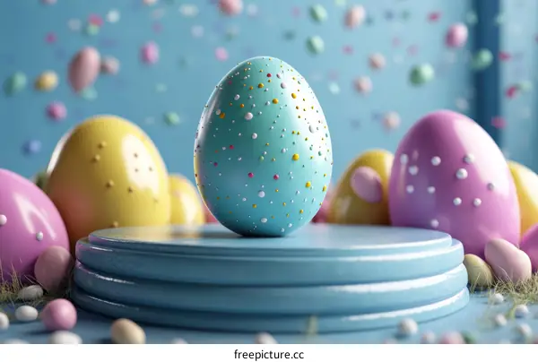 Colorful Easter Eggs Displayed on a Pastel Blue Stage