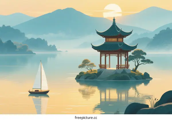 Peaceful Chinese Pavilion on Lake with Sailboat at Sunset