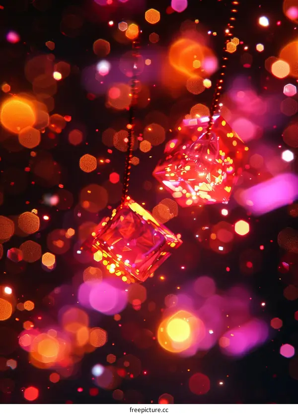 Two red crystal dice hanging in front of a defocused light background