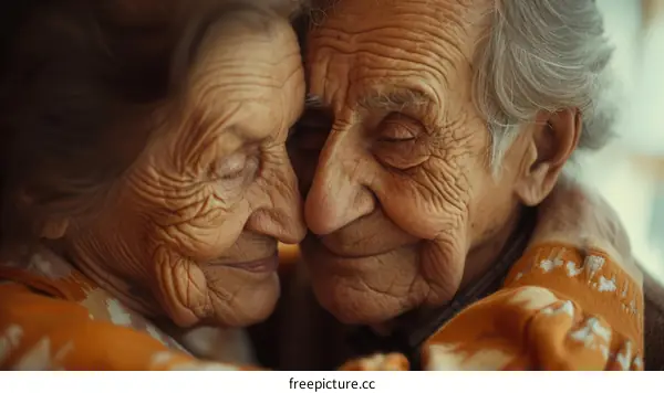 An elderly couple is hugging each other