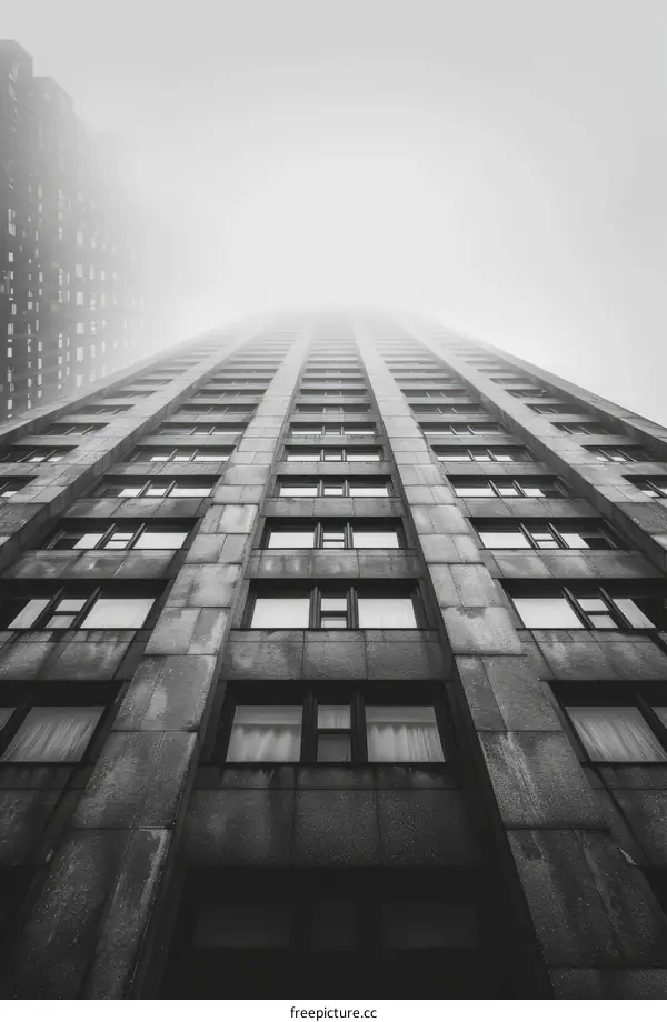 Black and white photo of a tall skyscraper with numerous windows
