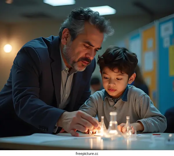 Teacher Helping Student with Science Experiment in Classroom