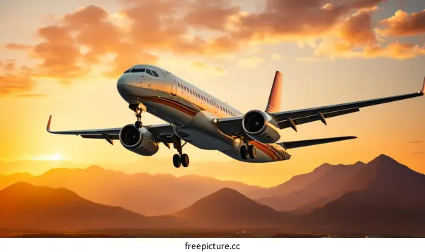 airplane flying over mountains at sunset