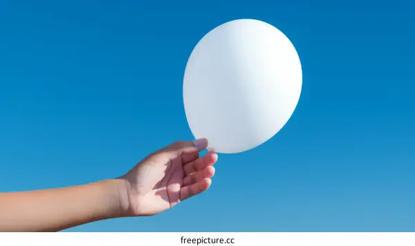 A hand holding a white balloon against a blue sky