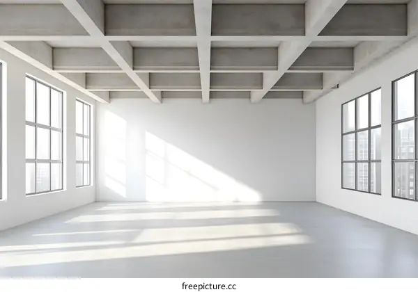 Modern Loft Apartment Empty Room with Large Windows and Concrete Ceiling