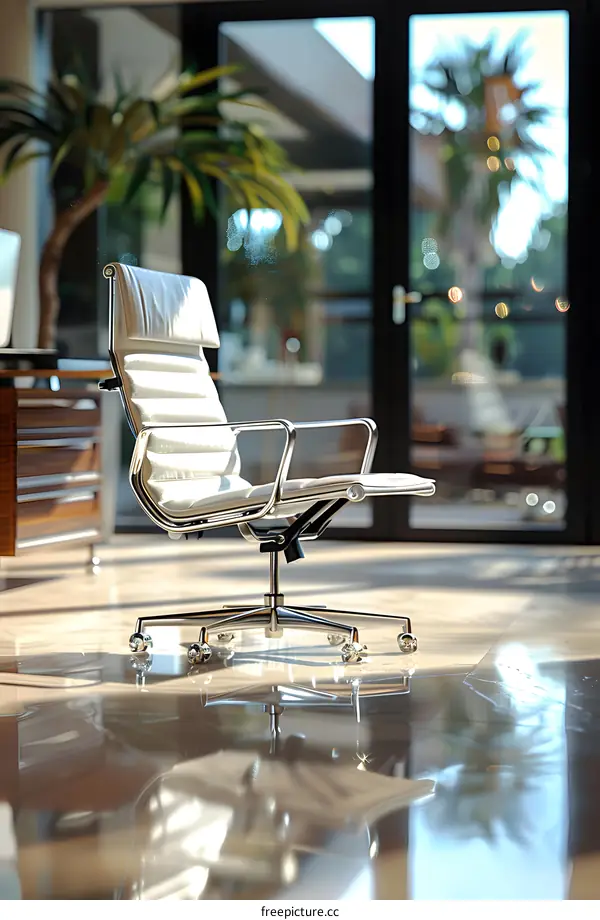 Modern white leather office chair on wheels in a bright sunny room with big windows