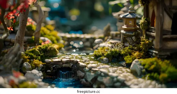 Miniature Japanese Garden with Stone Bridge and Waterfall