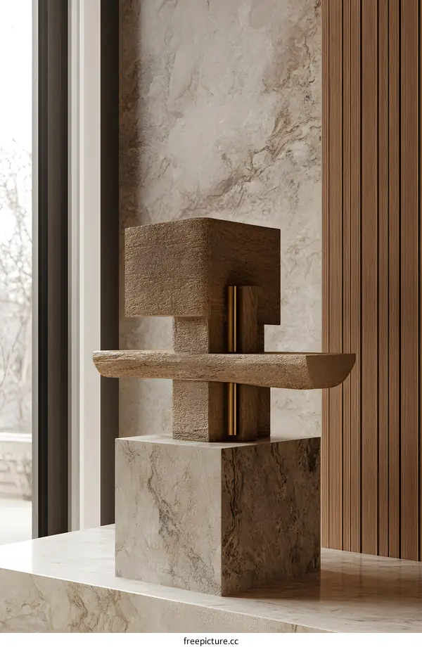 Abstract Minimalist Wooden Sculpture on a Marble Base