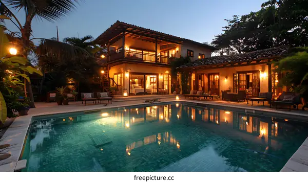 Luxury villa with pool at twilight