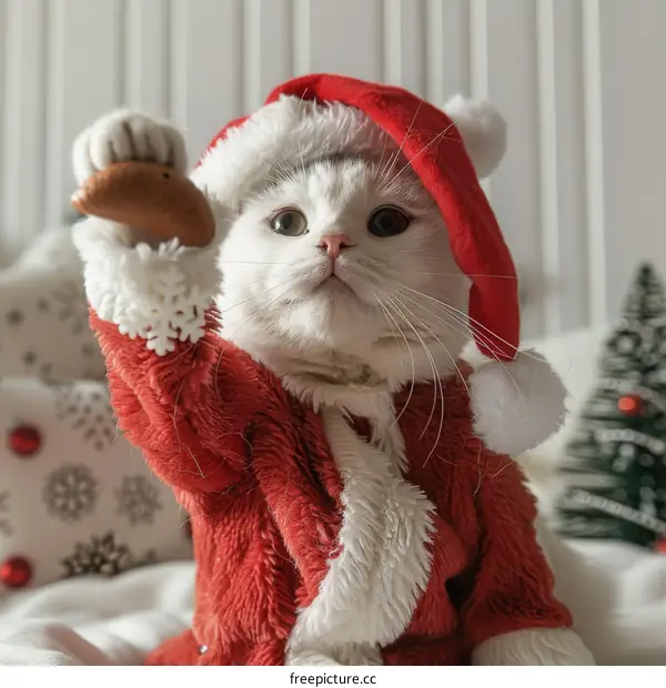 Cute Cat Dressed as Santa Claus with Christmas Decorations