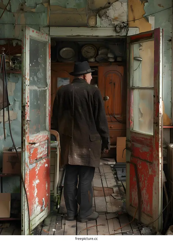An old man standing in a doorway of an abandoned house