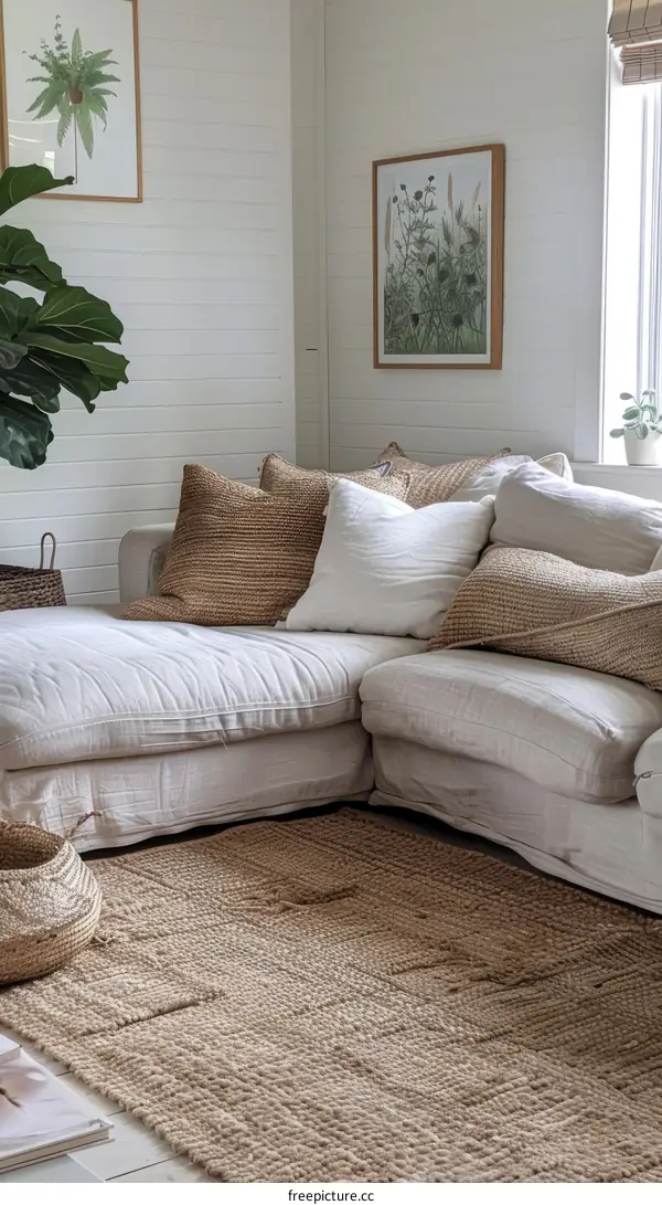 Contemporary Seaside Living Room with Neutral Tones and Textures
