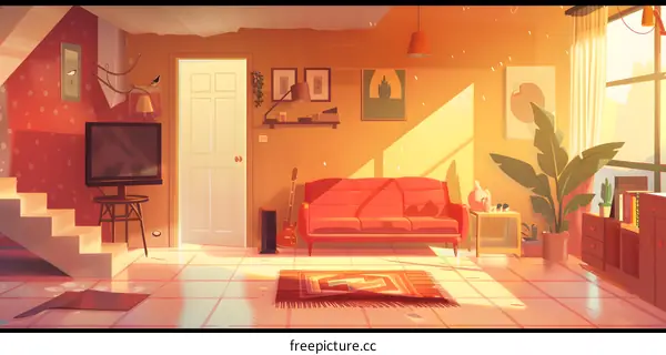 Living Room Illustration With Red Sofa And Guitar