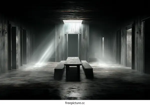 Abandoned Wooden Corridor with Sunlight and Table