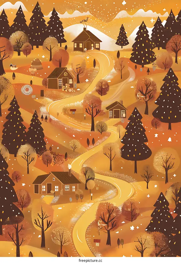 Autumn Forest Illustration with Winding Road and Houses