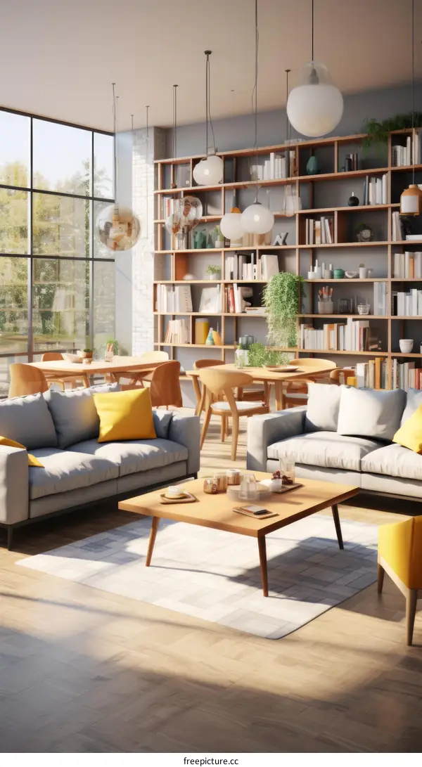 Bright and Airy Living Room with Large Windows and Bookcases