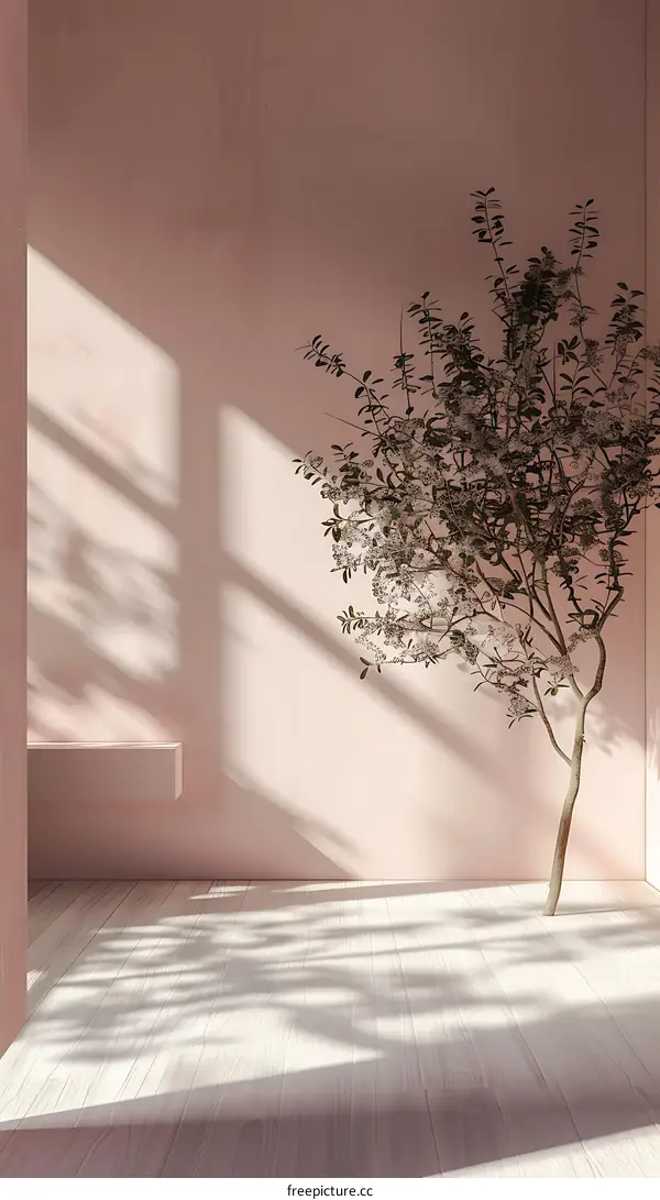 Minimalist Pink Room with Sunlight and Tree
