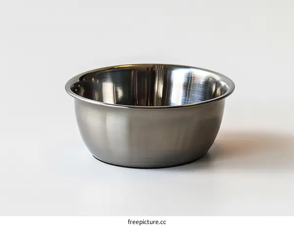 A stainless steel bowl sits on a white table