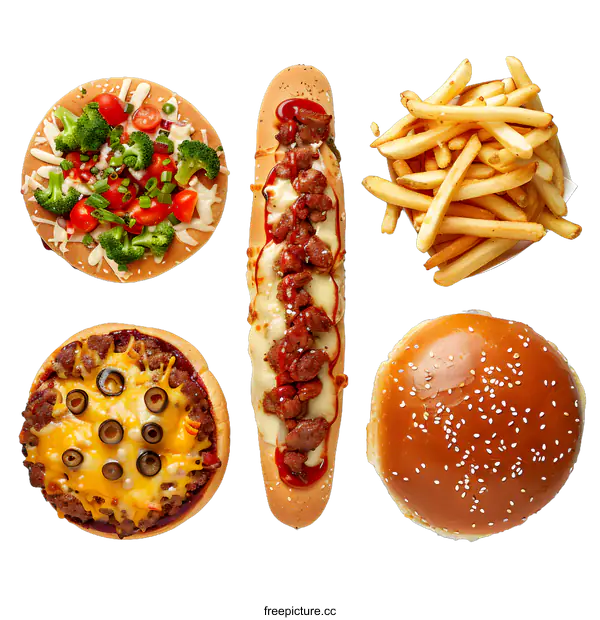 [Transparent Background PNG]Top View of Different Fast Food Items