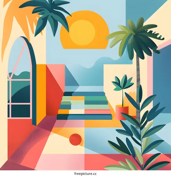 Abstract Geometric Illustration of a Tropical Patio with Palm Trees and a Sun