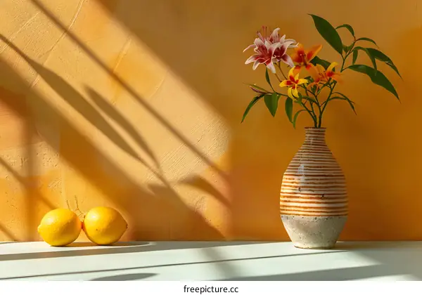 Yellow Wall with Flowers in Vase and Lemons