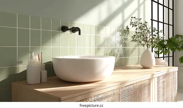 Modern Green Tile Bathroom Sink and Cabinet