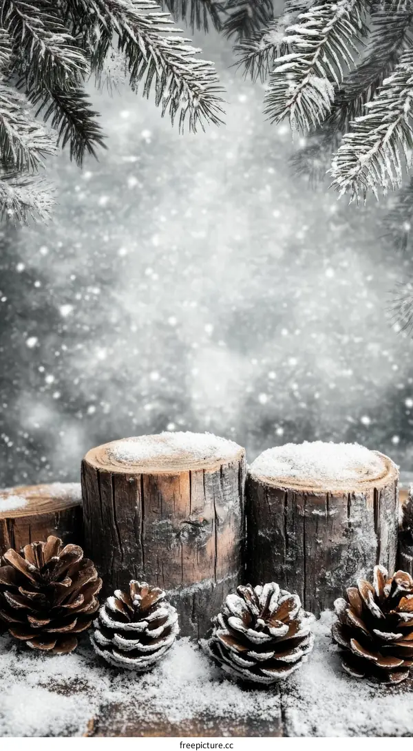 Winter Wonderland Scene with Snow-Covered Logs