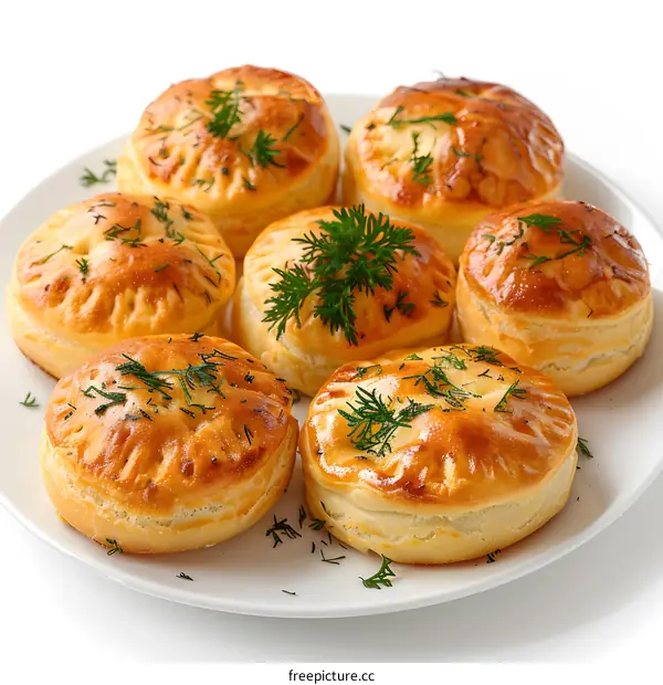 Delicious homemade pastries with dill on a white plate