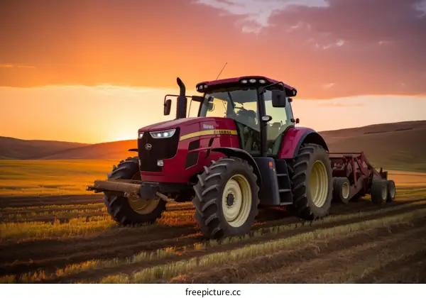 A red tractor is working in a golden field during sunset