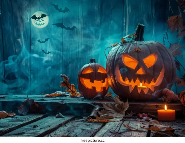 Spooky Halloween Jack-o'-Lanterns on a Wooden Table