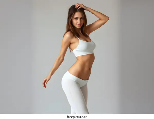 Beautiful Woman Posing in White Sportswear Against a Grey Background