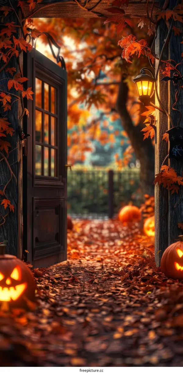 Wooden Door in Autumn Forest with Pumpkins and Fallen Leaves