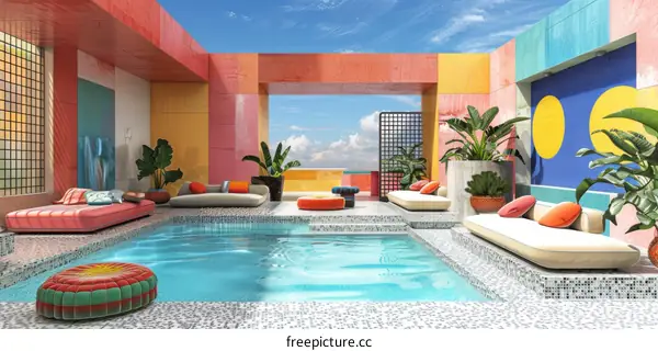 Colorful Rooftop Pool with Modern Furnishings