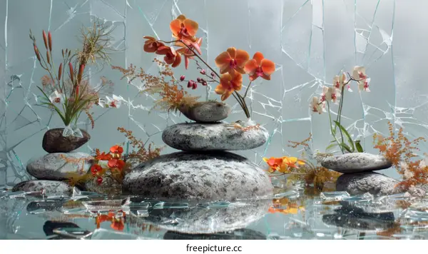 Still Life of Orange and White Orchids on Rocks with Water and Broken Glass