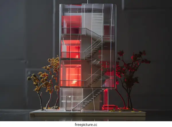 Modern Glass Building Model with Red Interior Lighting